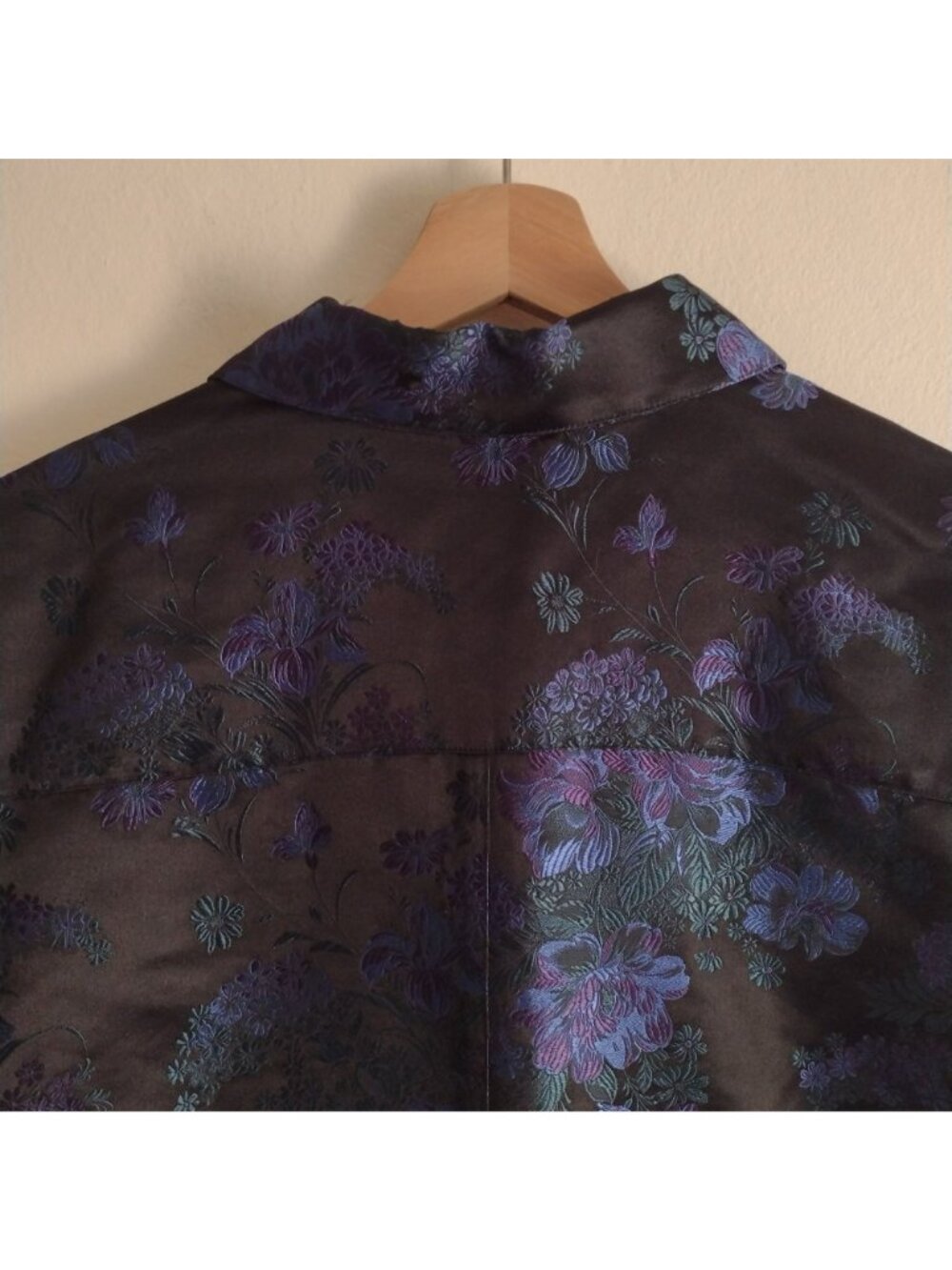 Chicos Silk Blend Brocade Jacket L Dark Blue Floral on Black Zip Blazer Sz 2 - Picture 8 of 12